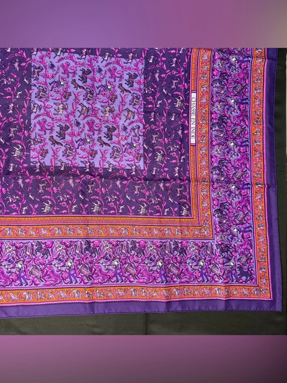 Hermes Silk Scarf Chasse En Inde Purple Orange India Hunter Tiger Elephant Horse - Picture 4 of 12